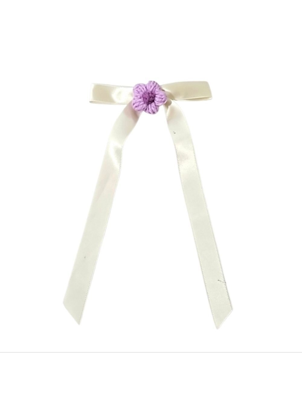 Hand Crafted Ivory Bow with Purple Crochet Flower